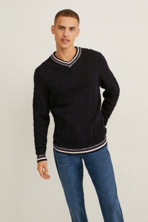 Jumpers C&A Cable Knit Pattern σκούρο μπλε | VQYMOS-086