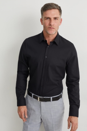 πουκαμισα C&A Business Slim Fit Kent Collar Easy-iron μαυρα | GFIXBN-841