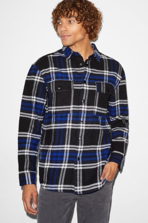 πουκαμισα C&A Clockhouse Flannel Relaxed Fit Kent Collar Check μπλε μαυρα | TFJMSX-726