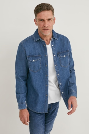 πουκαμισα C&A Denim Regular Fit Kent Collar Recycled μπλε σκούρο μπλε | NRJLHK-980