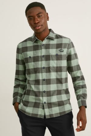 πουκαμισα C&A Flannel Regular Fit Kent Collar Check σκούρο πρασινο μαυρα | FUPGRN-157