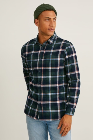 πουκαμισα C&A Flannel Regular Fit Kent Collar Check σκούρο πρασινο ασπρα | MIWEGX-213