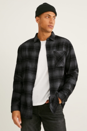 πουκαμισα C&A Flannel Regular Fit Kent Collar Check σκούρο γκρι | NWSKOF-903