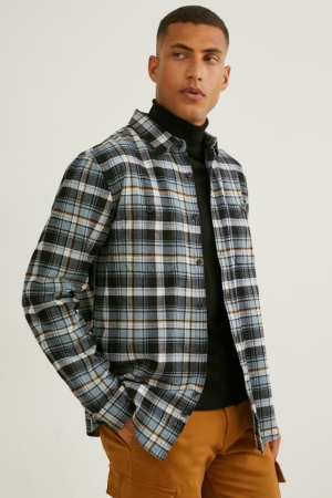 πουκαμισα C&A Flannel Regular Fit Kent Collar Check σκούρο πρασινο γκρι | OTKDIB-175