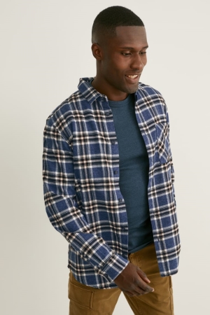 πουκαμισα C&A Flannel Regular Fit Kent Collar Check σκούρο μπλε ασπρα | SJGRKU-792