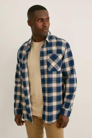 πουκαμισα C&A Flannel Regular Fit Kent Collar Check μπλε Μπεζ | SUXKYH-047