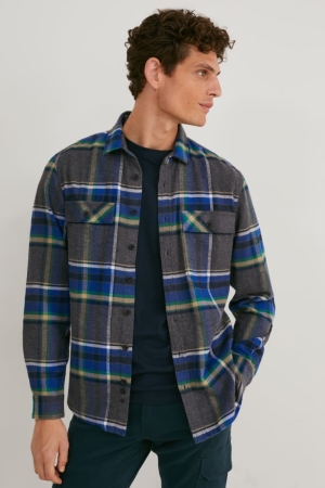 πουκαμισα C&A Flannel Regular Fit Kent Collar Check γκρι | UZXYNT-412