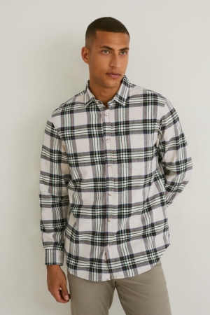 πουκαμισα C&A Flannel Regular Fit Kent Collar Check καφε ασπρα | ZBTNWK-482