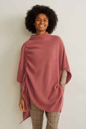 φουτερ με κουκουλα C&A Πλεκτά Cashmere Blend Poncho σκούρο ροζ | YMDZKS-840