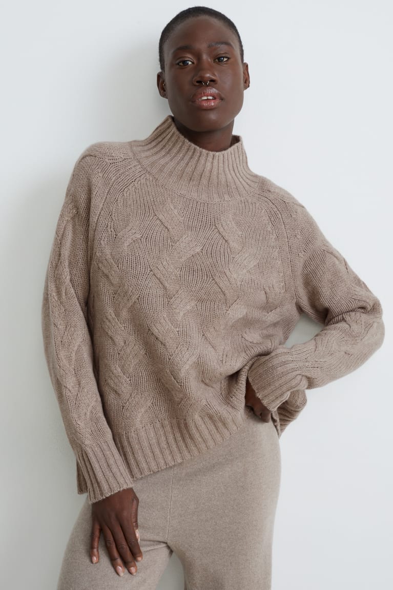 Jumpers C&A Cashmere Cable Knit Pattern γκρι καφε | JUPKAT-450