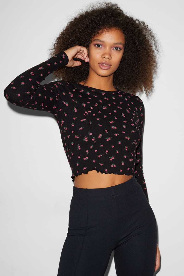 Αριστος C&A Clockhouse Cropped Long Sleeve Floral μαυρα | QTSKPI-106