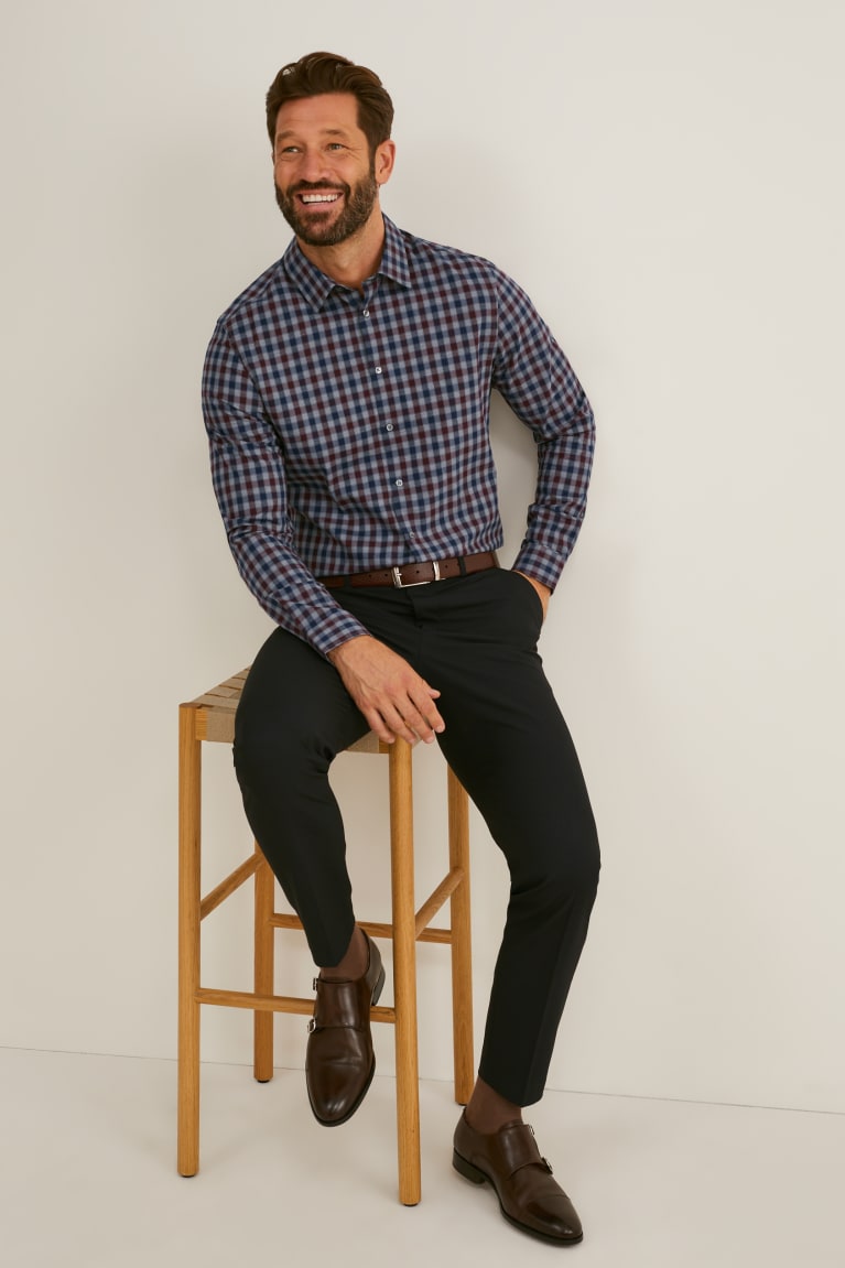 πουκαμισα C&A Business Slim Fit Kent Collar Check γκρι σκούρο κοκκινα | QWXKOY-468