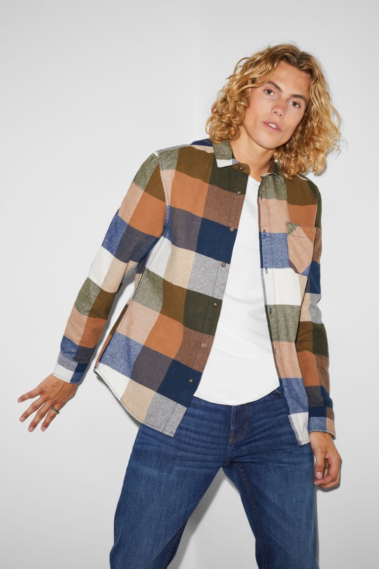 πουκαμισα C&A Clockhouse Flannel Regular Fit Kent Collar Check καφε μπλε | QIXVCZ-386