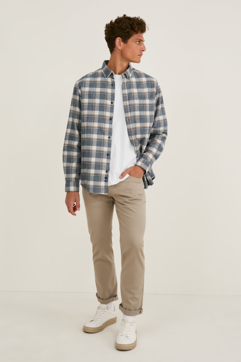 πουκαμισα C&A Flannel Regular Fit Button-down Collar Check ασπρα γκρι | EIXTBO-219