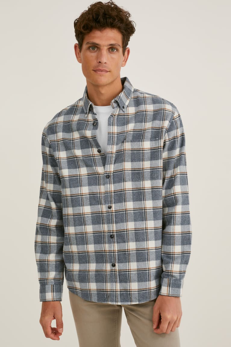 πουκαμισα C&A Flannel Regular Fit Button-down Collar Check ασπρα γκρι | EIXTBO-219