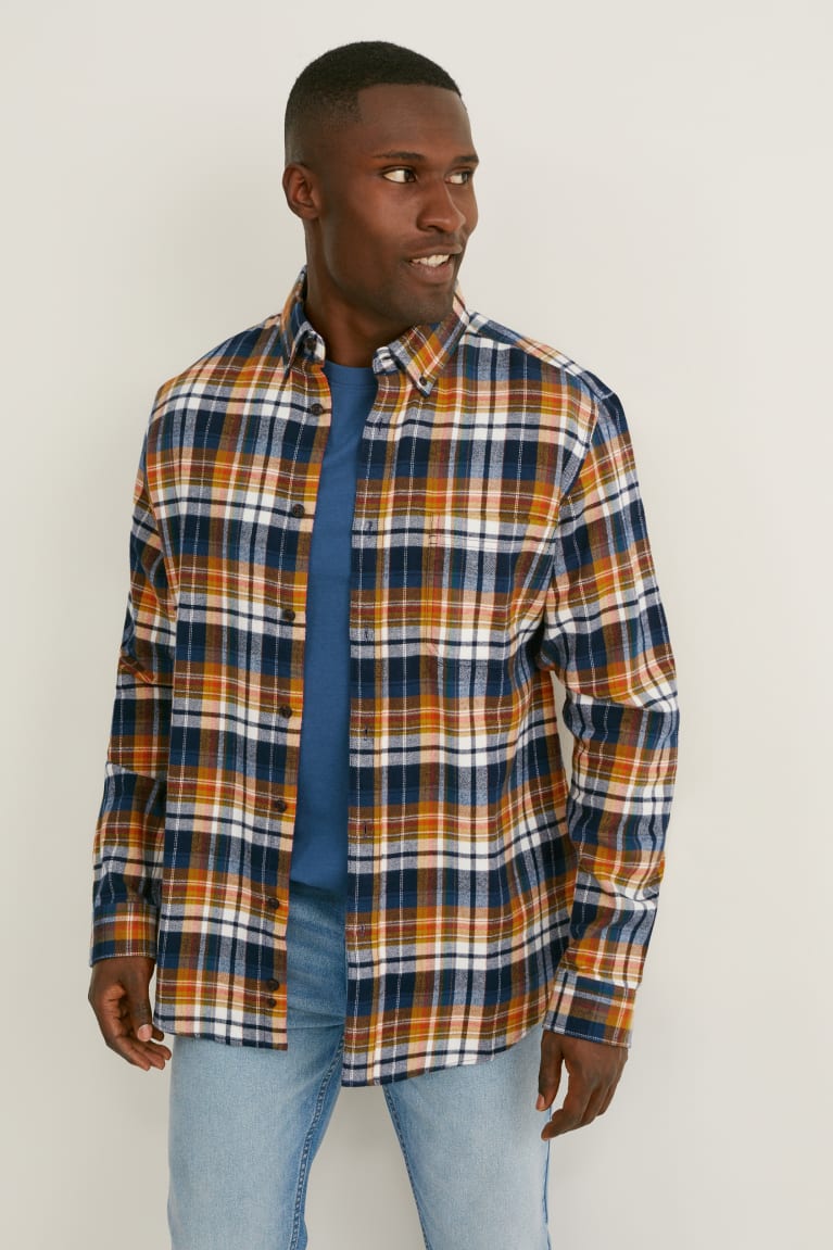 πουκαμισα C&A Flannel Regular Fit Button-down Collar Check πορτοκαλι σκούρο μπλε | HRKOSU-240